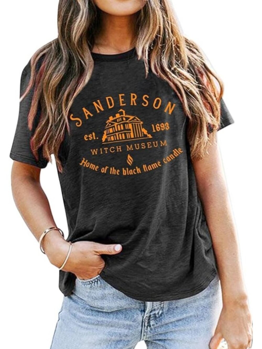 Women's Dark Grey 1 Round Neck Short Sleeve Halloween Horror Graphic Tee Shirts